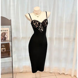 KYLETHOMASW  -  Women's Elegant Lace Patchwork Bodycon Midi Dress Spaghetti Strap V Bust Cocktail Party Dress