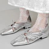 KYLETHOMASW  -  Women Pleated Hollow Mary Jane Style Shoes with Bow Design Flat Shoes Square Toe Casual Comfortable Outdoors Women Shoes Fashion
