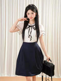 KYLETHOMASW  -  Japanese Sweet Bow Slim Dress Woman Vintage Cute Polka Dot Flounce Fake Two Piece Dresses Short Sleeve Casual Patchwork Clothes