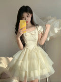 KYLETHOMASW  -  Princess Style Short Puffy Skirt Dress Elegantly Designed  Knot Ogees Sweet Summer Women's Fashion Single Piece