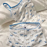 KYLETHOMASW  -  Kawaii Blue Dachshund Print Pajama Set Sleeveless Cami & High Waist Shorts - Cozy Casual Loungewear Vest Shorts 2 Pieces Set