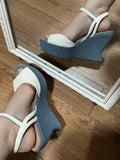 KYLETHOMASW  -  Summer Casual Style Women's Platform Wedge Peep-Toe Sandals White Snake-Embossed Upper Silver Star Accent Retro Sandals