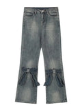 Kylethomasw Blue Flared Jeans Women Kawaii Wide Leg Pants with Bow Korean Style Spring Fashion Cutecore High Wasit Denim Trousers