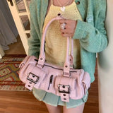 KYLETHOMASW  -  Vintage Pink Handbag Women Oil Wax Leather Multi Pocket Belt Buckle Design Underarm Bag Ladies Trendy Y2k Hot Girl Shoulder Bags
