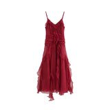 KYLETHOMASW  -  Vintage Red Midi Dress Women Elegant Party Prom Ruffles Spaghetti Strap Dresses Summer Fairy Korean Bodycon Chic Vestidos
