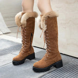 KYLETHOMASW  -  Lace-up Winter Shoes Women Snow Boots Real Fur Boots Women Knee High Suede Thick Heel Warm Outdoor with Zip Big Size 43