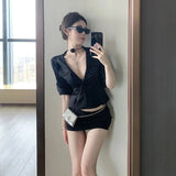 KYLETHOMASW  -  Sexy Black Slim Cropp Blouse Women Turn Down Collar Chic Solid Commuter Shirt Three Quarter Sleeve Street Fashion Deep V Hot Top