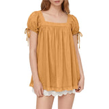 KYLETHOMASW  -  Womens Tie Back Tops Round Neck Ruffle Short Sleeve Shirts Cute Tee Summer Trendy Tunic
