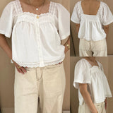 KYLETHOMASW  -  Y2K Aesthetic Fairy Blouse Chic Women's Summer Lace Trim Tops Short Sleeve Square Neck Button Up Babydoll shirt Streetwear