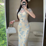 KYLETHOMASW  -  Chinese Style Jacquard Cheongsam Dress Women's Summer Sexy Short-sleeved Slim Fit Hip Wrap Long Dress Female Clothes