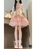 KYLETHOMASW  -  Summer New France Sweet Elegant Girl Pink Polka Dot Dress Women's Japanese Kawaii Slim Sling Off Shoulder Short Cute Dresses