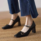 KYLETHOMASW  -  Metal Buckle Decoration Mary Jane Shoes Women Comfortable Leather High Heels Elegant Chunky Heel Women Pumps Zapatos De Mujer