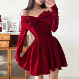 KYLETHOMASW  -   Luxury A-line Pleated Dress For Party Holiday Red Christmas New Year Ball Gown Mini Dresses Bow Slash Neck Cute Robe