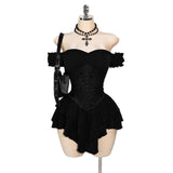 KYLETHOMASW  -  Jacquard Splicing Pleated Ruffle Edge Off-the-shoulder Multi-layer Ruffle Edge Hem A-word Chiffon Mini Dress