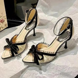 KYLETHOMASW  -  Sexy Lace Bowknot High Heels Women Pleated Designer Sandals Female Satin Pointed Toe Pumps Banquet Party Shoes Ladies