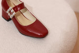 KYLETHOMASW  -  Plus Size 48 Women Patent Leather Mary Jane Shoes Sparkly Crystal Rhinestone Burgundy White Block Heel Pumps Party Shoe