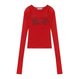 Kylethomasw Vintage Red Women Long Sleeve T-shirt Transparent Letter Print Tee Shirt Female Korean Fashion Spring Summer E-girl Tops