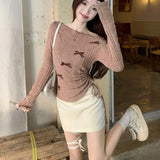 Kylethomasw Spring New Streetwear Lace-up Pleated Bow Patchwork Casual Long Sleeve T-shirt Women + Sexy Slim Mini Skirt Two-piece Suit