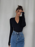 Kylethomasw High-quality Luxury Brand Thickened Slim Stretch Thin V-neck Long-sleeved Bottom Shirt Spicy Girls T-shirt Fashion Y2k Women