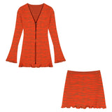 Kylethomasw  Y2k Orange Striped Suit Fungus Edge Long-sleeved Knitted Cardigan Women's  Autumn Short Skirt 2-piece Set