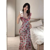 KYLETHOMASW  -  French V-neck Ruffle Floral Dress For Women 2024 Summer New Fashion Unique Evening Party Dresses Vacation Style Waist Long Dress