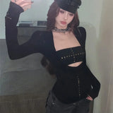 Kylethomasw Autumn New Deep V-neck Pleated Sexy Slim Rivets Long-sleeved T-shirt Women + Black All-match Tube Tops Two-piece Suit