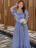 KYLETHOMASW  -  French Blue Fairy Evening Dresses for Women Elegant Square Collar Birthday Party Midi Dress Summer A-Line Casual Vestidos Robe