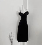 KYLETHOMASW  -  Autumn High-End Velvet Suspender Dress For Women's Winter New Sexy Turkey Fur Collar Fish Tail Wrapped Buttocks Long Dress Black
