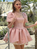 KYLETHOMASW  -  Y2K Pink Satin Princess Short Dresses for Women Puff Sleeve Square Collar Ruffles A-line Evening Party Dress Kawaii Mini Vestido