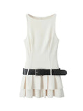 Kylethomasw Fashion Woman Tank Dress Casual Solid High Waist Pleated A-line Dresses with Belt Sexy Sleeveless Slim Fit Mini Dress