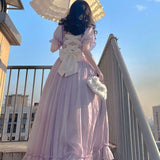 KYLETHOMASW  -  French Vintage Purple Dress Summer Puff Sleeve Backless Bow A-Line Midi Dress Fashion Party Evening Palace Princess Dress