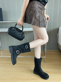 KYLETHOMASW  -  Black Ankle Boots For Woman Round Toe Chunky Heels Short Shoes Comforts Platforms Boots Belt Buckle Fall Shoes Botas De Mujer