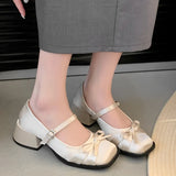 KYLETHOMASW  -  Pink bow high heels 2025 spring and summer new square-headed silk ribbon buckle single shoes shallow thick-heeled women's shoes