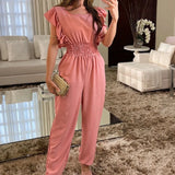 Kylethomasw New Commute Ruffles Pencil Pant Playsuits Elegant O Neck Solid Color High Street Jumpsuit Fashion Short Sleeve High Waist Romper