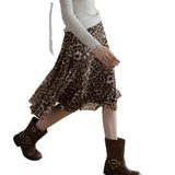 KYLETHOMASW  -  Summer New Retro Coffee Leopard Pattern Casual High Waist Flaw ruffled Half length Skirt for Women