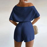 Kylethomasw  -  New Spring Solid Tie-up Shorts Jumpsuit Women Sexy Off Shoulder Slim Knitted Romper Playsuit Summer Short Sleeve Hollow Overalls