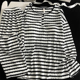 KYLETHOMASW  -  Fashion Striped Print Women's Casual Pyjama Set Spring/Autumn Y2K Simple O-Neck Pullover Top Long Sleeve Two-Piece Set Homewear