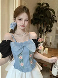 KYLETHOMASW  -  New Heavy-industrial Denim Design Three-dimensional Embroidered Sweet Suspender Slim Top