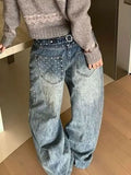 KYLETHOMASW  -  Women Vintage Blue Y2K Jeans American Retro Streetwear Pockets Star Print Design 2000s Grunge Harajuku Baggy Denim Pants