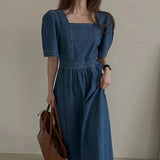 KYLETHOMASW  -  Korean Chic Summer Square Neck Back Zipper Waist Bubble Sleeve Denim Dress Women Beautiful Robe