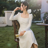 KYLETHOMASW  -  Autumn Long Sleeve Square Collar Sweet and Gentle White Dress for Women Korean Cute Slim Fit Temperament Elegant Long Dress