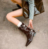 KYLETHOMASW  -  New Round Toe Square Heel Sexy Elegant Mid-calf Boots Fashionable Pin Buckle Decoration Solid Color Simple Casual Women's Shoes