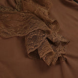 KYLETHOMASW  -  Socialite temperament retro brown V-neck lace ruffle slim fit long sleeved autumn slimming top with flared sleeves inside