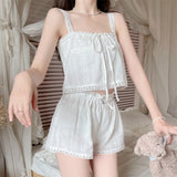 KYLETHOMASW  -  Sweet Pink Pajama Set for Women's Summer Pure Cotton Camisole Vest Elastic Waist Wide Leg Shorts Two-piece Set