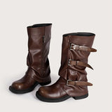 KYLETHOMASW  -  Vintage Soft Leather Belt Strap Buckle Mid-Calf Women Motorcycle Boots Fashion Thick High heels Autumn Winter Knight Booties