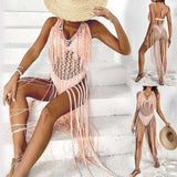 Kylethomasw Bohemian Crochet Knitted Women Beach Cover Up Sexy Tassel Backless Long Mazi Dress Retro Hollow Out Beach Sirt Swimwear Cover Up