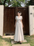KYLETHOMASW  -  Summer French Style Dress for Women V Neck Short Sleeve Lace Trim Slim Fit Waist A Line Long Dress Elegant Flattering Design