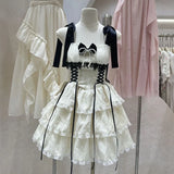 KYLETHOMASW  -  Sweet Lolita Mini Dress Women Kawaii Bow Lace Patchwork Sleeveless Cake Dresses Harajuku Cute Japanese Summer Camisole Dress New