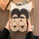 KYLETHOMASW  -  Winter Women Metal Buckle Loafers Warm Shoes Furry Ankle Boots Leopard Print Suede Shoes Short Plush Lining Flat Heel Shoes