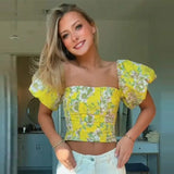 KYLETHOMASW  -  Trendy Yellow Floral Print Puff Sleeve Corset Top Cute Square Neck Ruched Crop Top Summer Vacation Outfit Women's Clothing